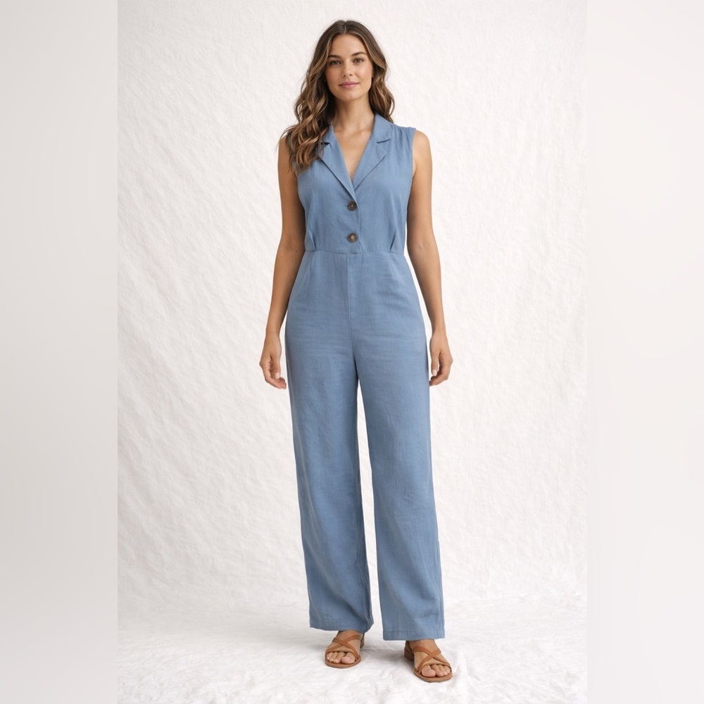 Zara Blue Sleeveless Jumpsuit XS Tailored Wide Leg Minimalist Chic Button Front